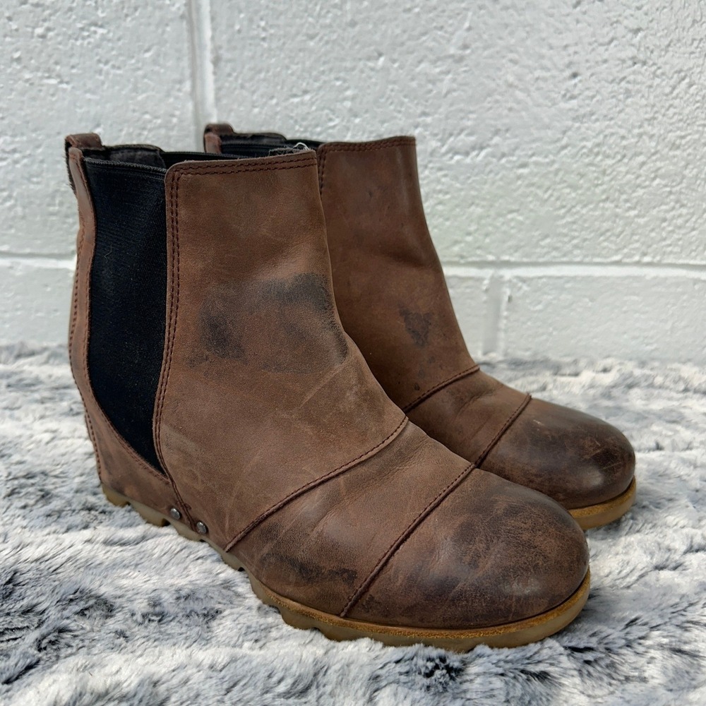 Sorel Chelsea Wedge Boots Brown Leather Elastic Gore / Womens 9